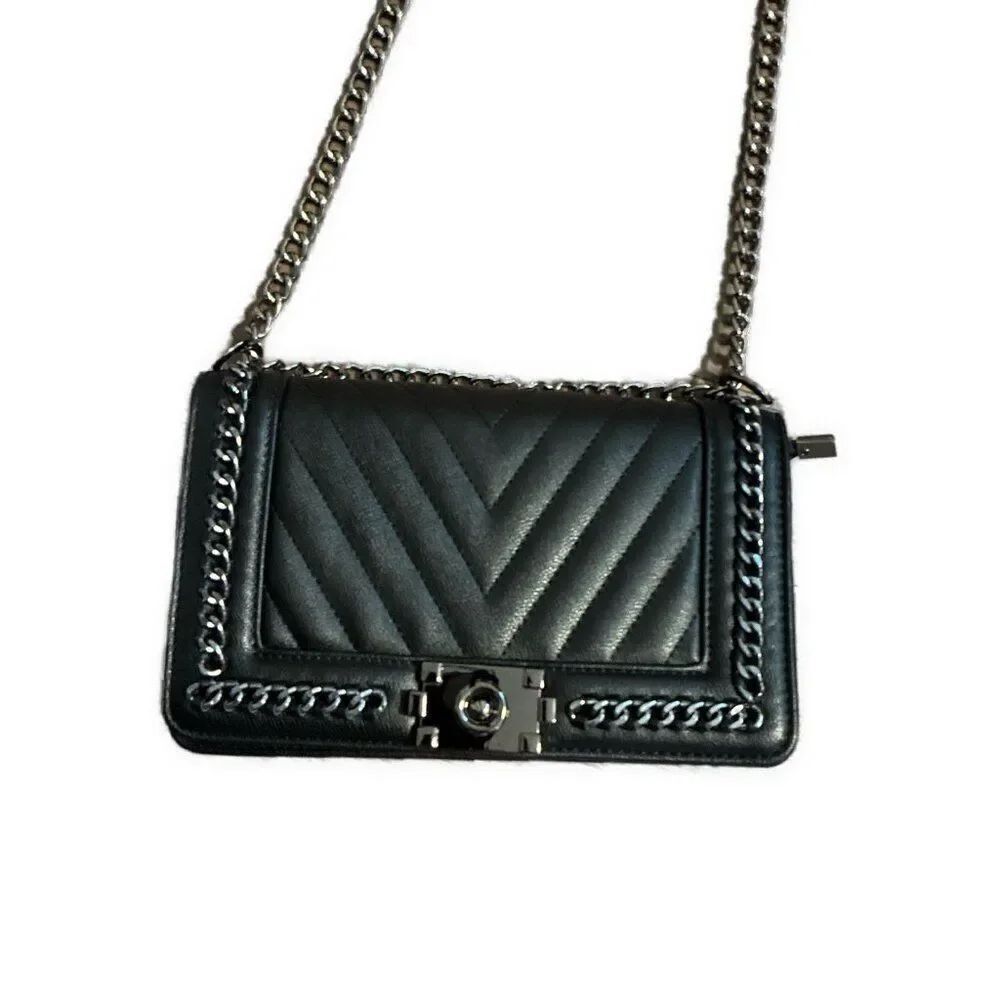 Solid Black Vegan Faux Leather Silver Chain Crossbody Bag